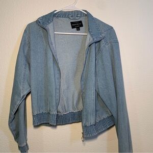Haute Monde Denim Jacket Large Cropped O-Ring Zipper Elastic Blue Jean Jacket
